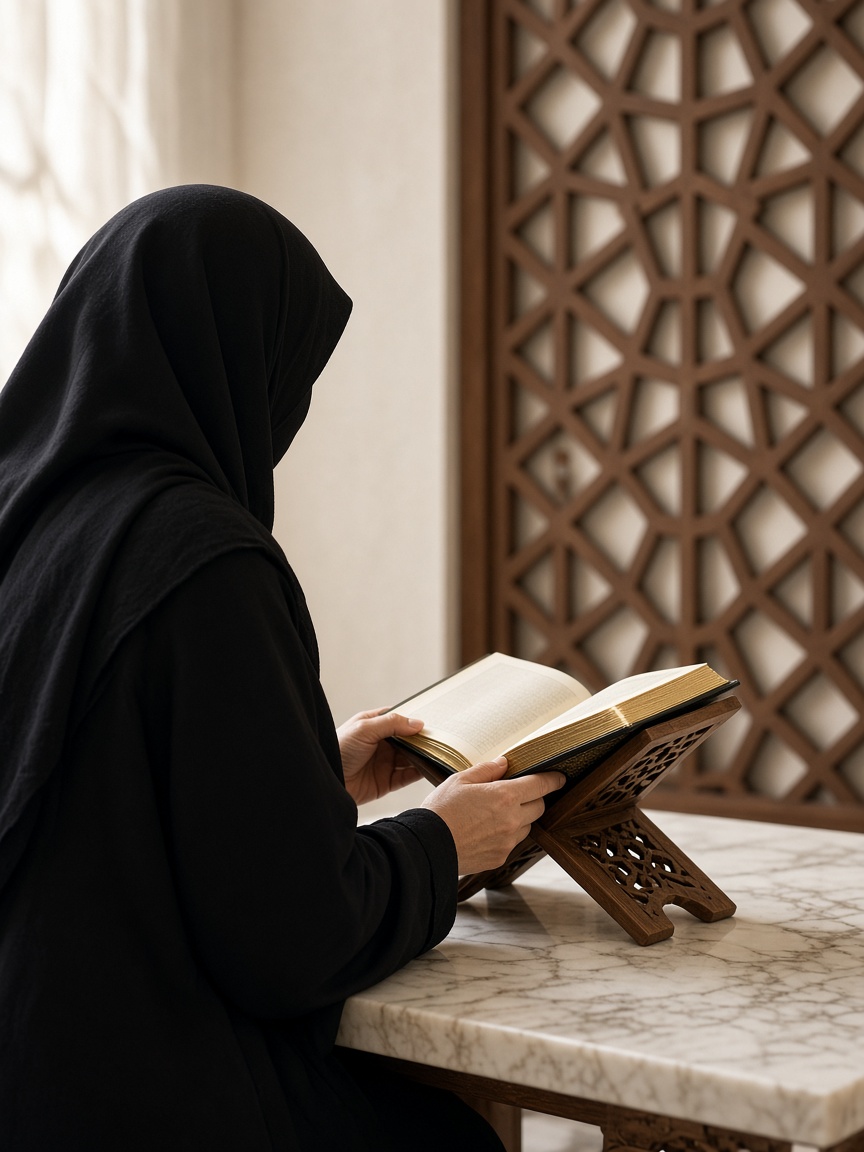 Hands of a female Islamic teacher holding an open Quran, modest hijab visible, face not shown