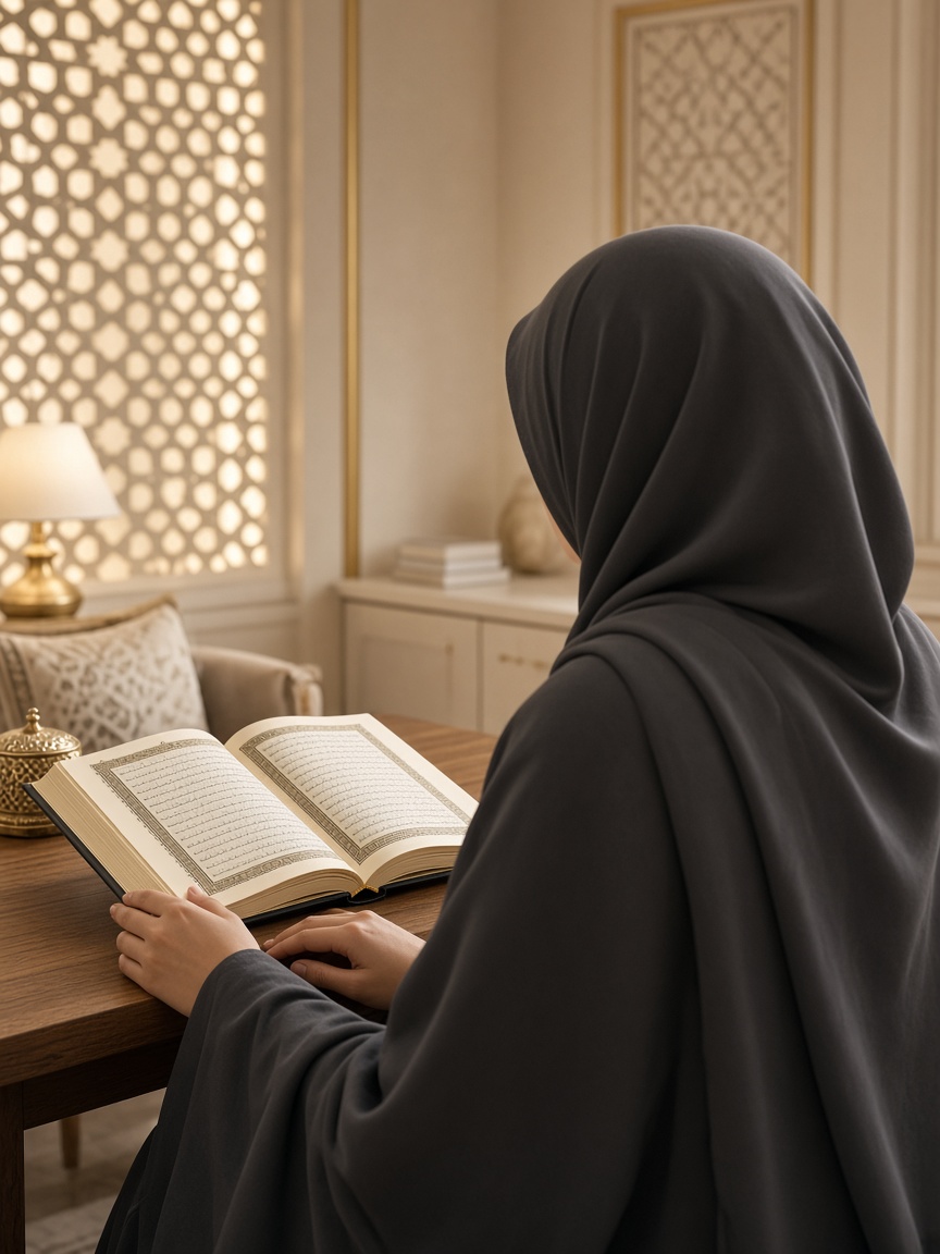 Modest Islamic study scene of a female Quran teacher in hijab, shown from behind with an open Quran