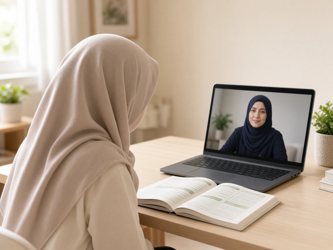 Young student in hijab learning Quran online from behind at a home desk