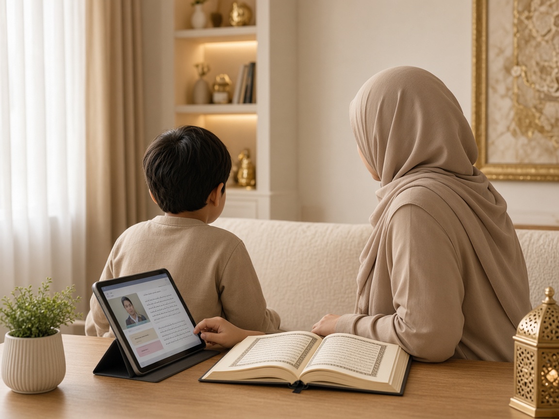 Parent and child in modest dress learning Quran together online, faces not shown